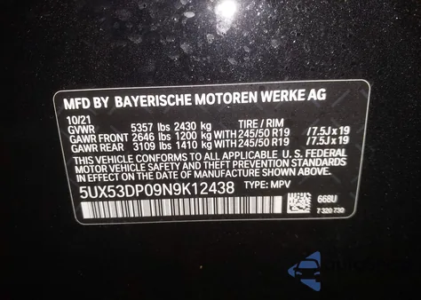 2022 BMW X3 xDrive30I из США, поврежденный, VIN 5UX53DP09N9K12438